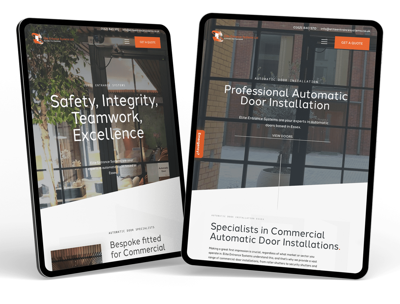 Two ipads showcasing the safety integrity and door excellence website designed by a freelance web designer in Essex.