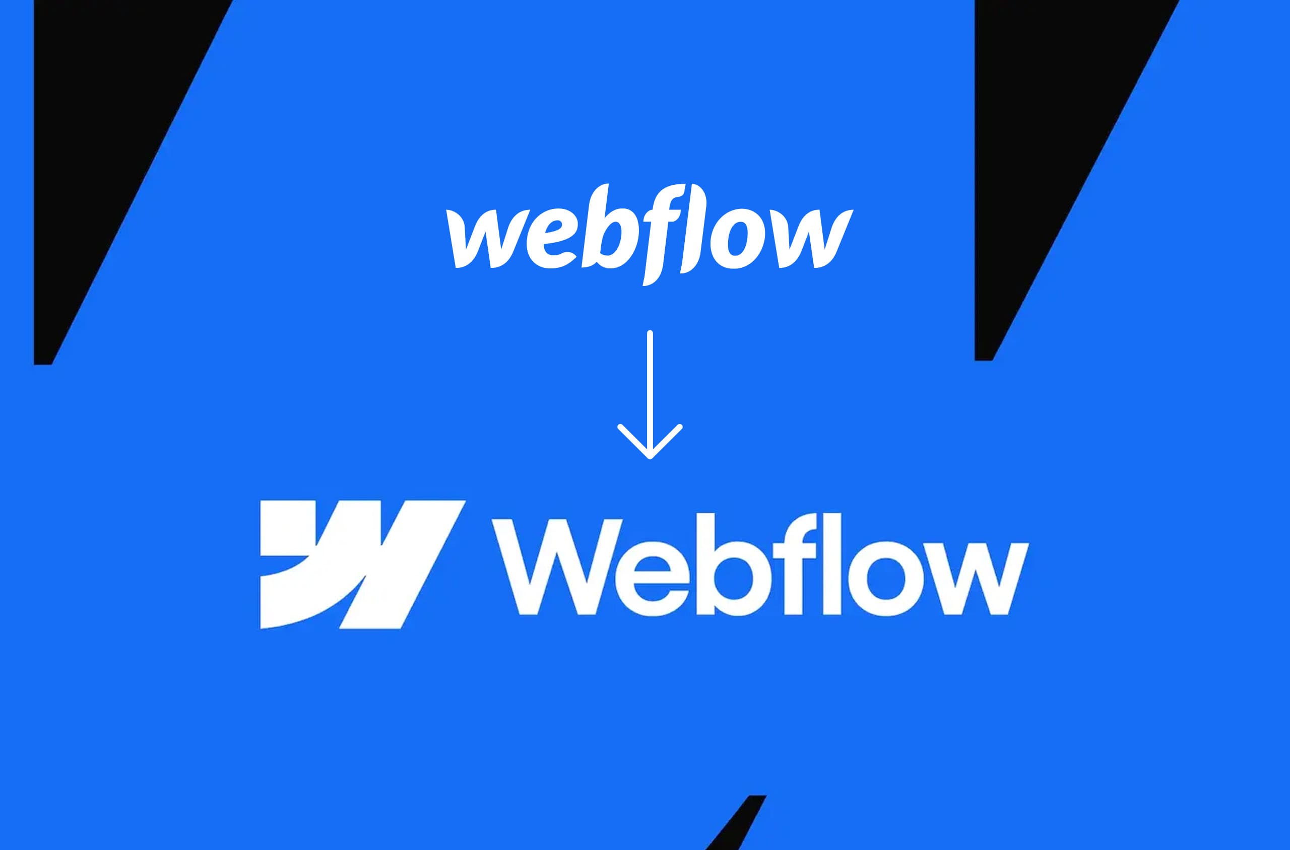 A blue graphic showcasing the webflow logo with a text transformation effect from plain text to stylised logo.