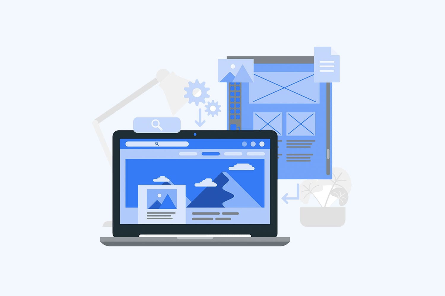 Illustration of a web development concept with a laptop displaying a webpage layout, flanked by related icons such as a task checklist and email.