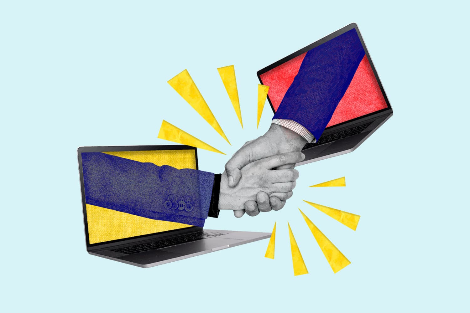 Two laptops, one with a blue sleeve and the other with a red sleeve, are depicted shaking hands, symbolizing a digital agreement or collaboration. Yellow bursts highlight the handshake.